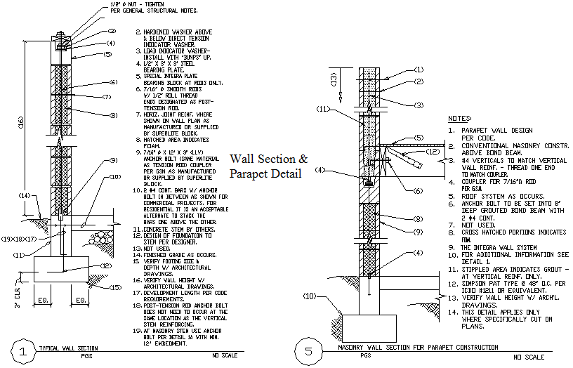 Typical Wall Section And Masonry Wall Section For Parapet Construction ...