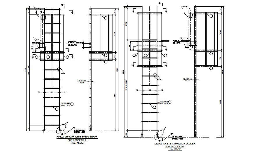 Typical Detail of side step type ladder has given in this 2D Auotcad