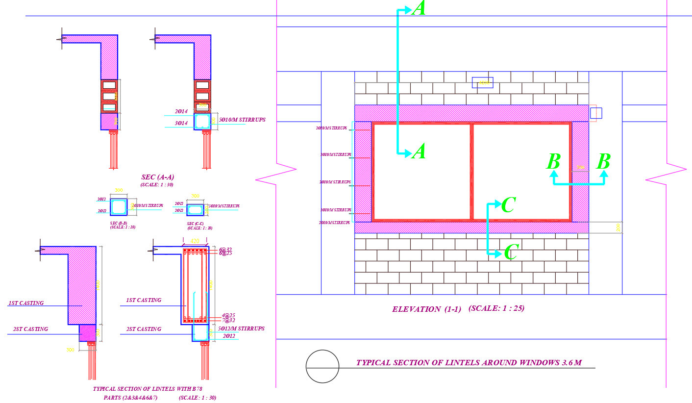 Typical Lintel Level Around Window Detail in AutoCAD DWG File - Cadbull