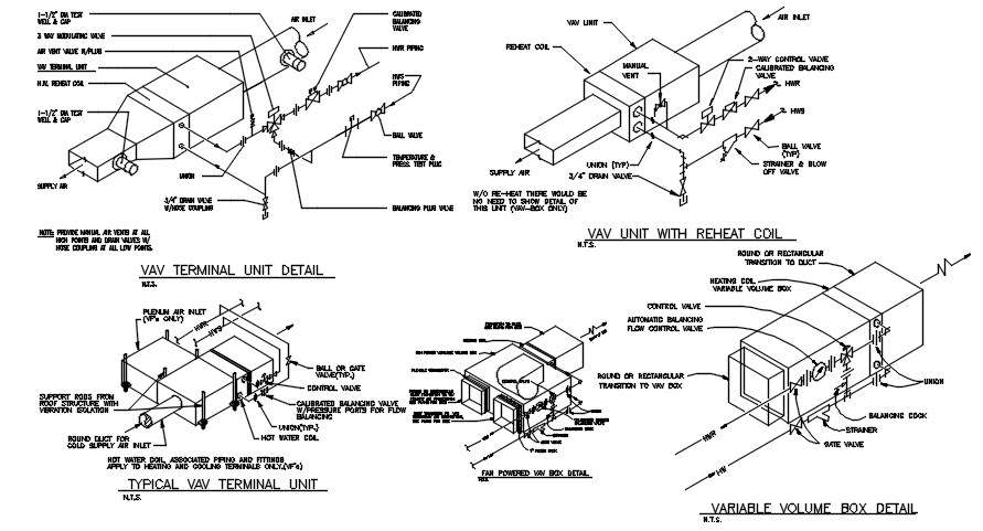 Typical VAV terminal unit details are given in this 2D Autocad DWG drawing  file. Download the 2D Autocad DWG drawing file. - Cadbull