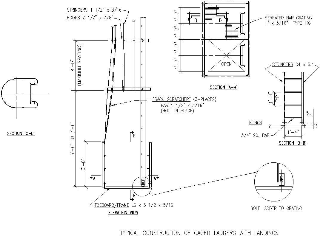 Typical Construction Of Caged Ladder With Landings In Detail Autocad