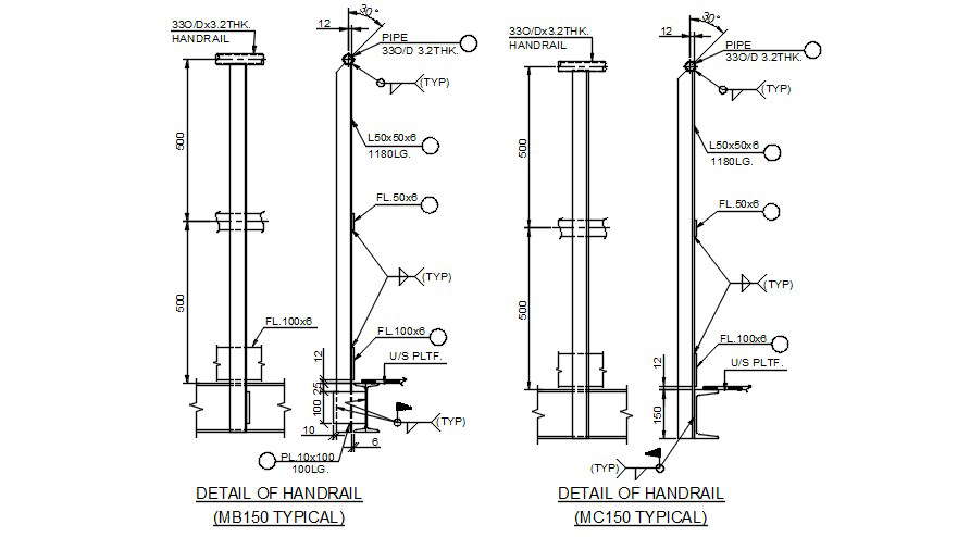 Handrail And Beam Details Are Given In This 2d Autocad Dwg Drawing Images