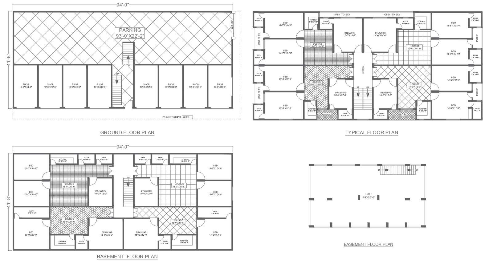 Typical Floor Plan For Living Hostel With Section Elevation And Other 