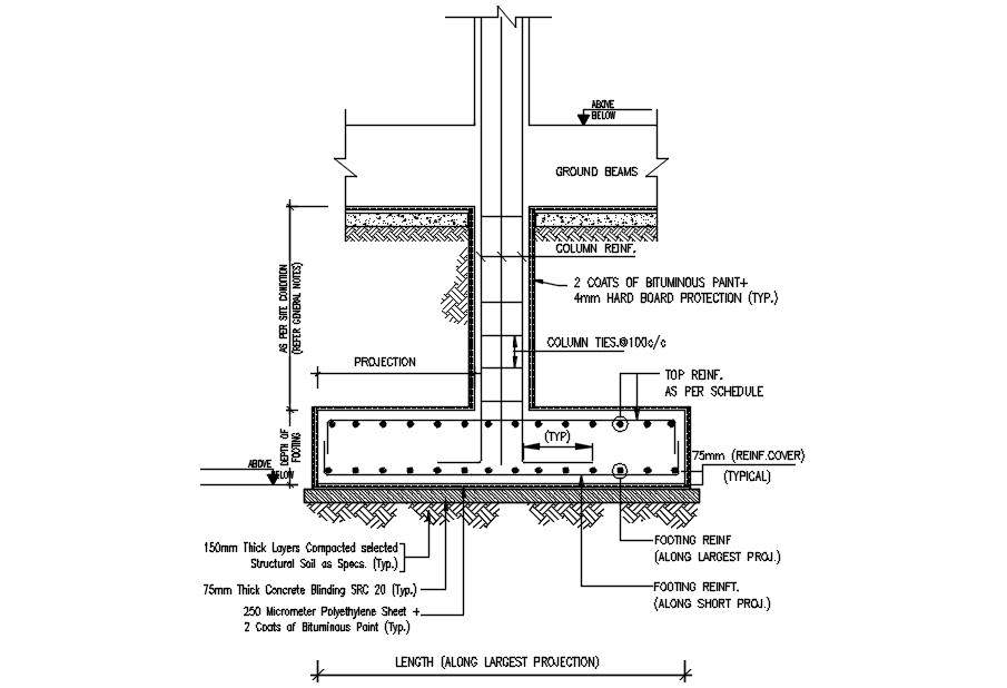 Typical Section Through Column Footing Design In Detail Autocad Drawing