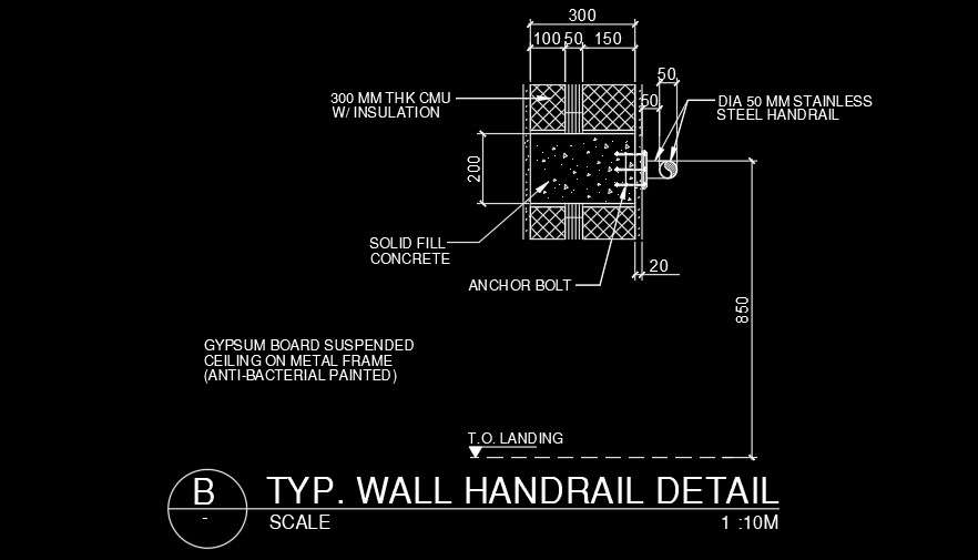 Typical wall handrail detail drawing is given in this AutoCAD model ...