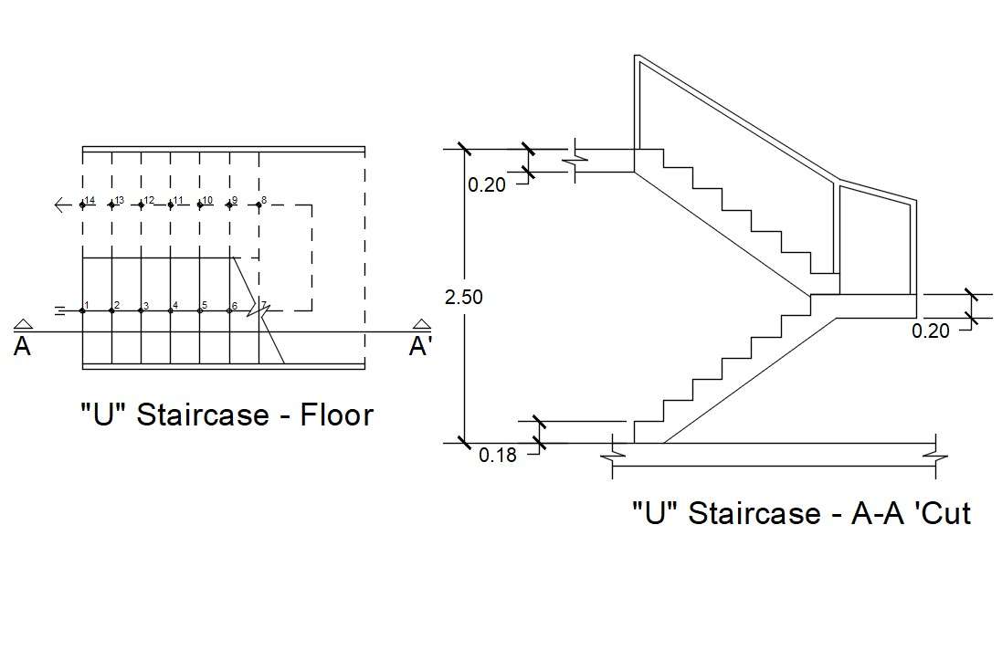 U Staircase Floor And Section Drawing Free DWG File Cadbull