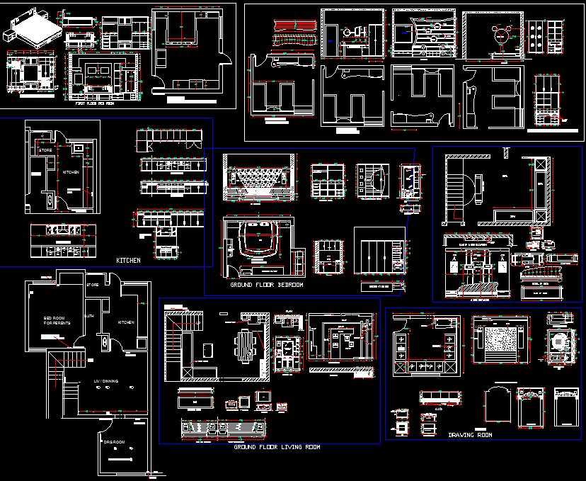 Autocad 2D drawing design of kitchen, bedrooms, and drawing and living ...