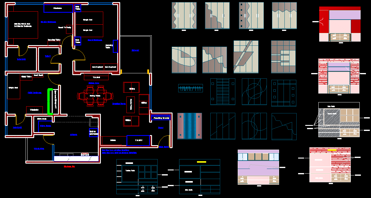 AutoCAD Drawing file of 3bhk House plan and interior design is given