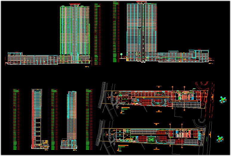 Multistory high rise office building with floor plan, elevation ...