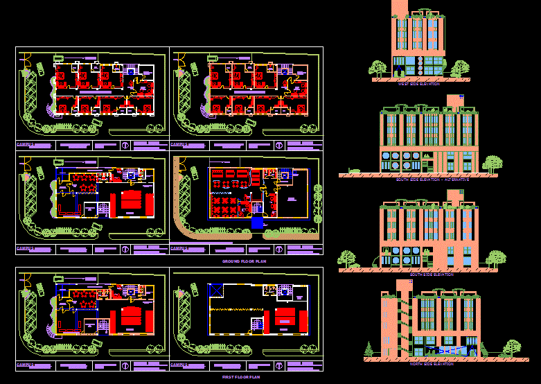 Hotel layout plan in dwg with four side elevation. Download the CAD ...