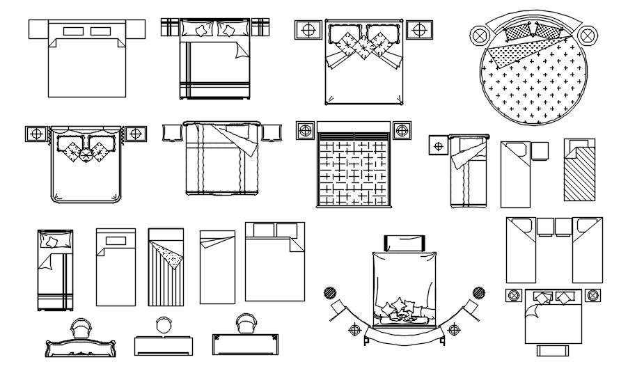 Various designs of double beds and single beds in AutoCAD 2D drawing ...