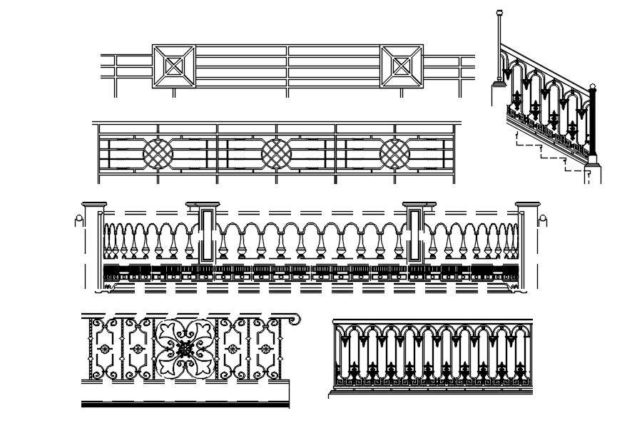 Various designs of railing CAD blocks in AutoCAD 2D drawing, CAD file ...