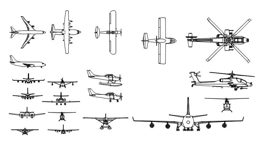 Various Types Of Airplanes And Helicopters Cad Blocks Designs In 