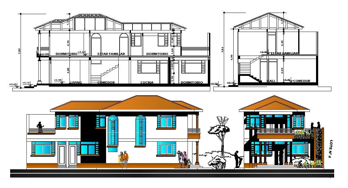 Villa House Design Elevation and Section Drawing Cadbull