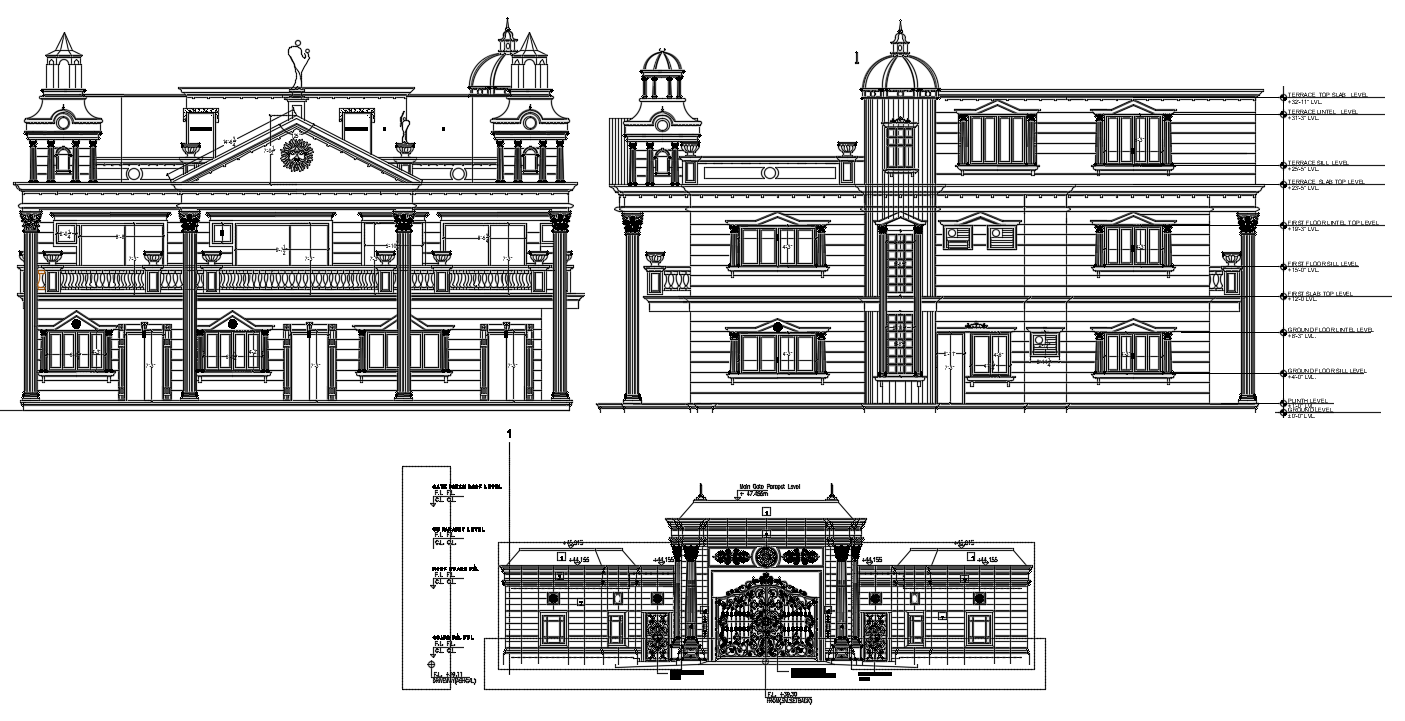 Villa With Main Entrance Gate Elevation Drawing Download DWG File - Cadbull