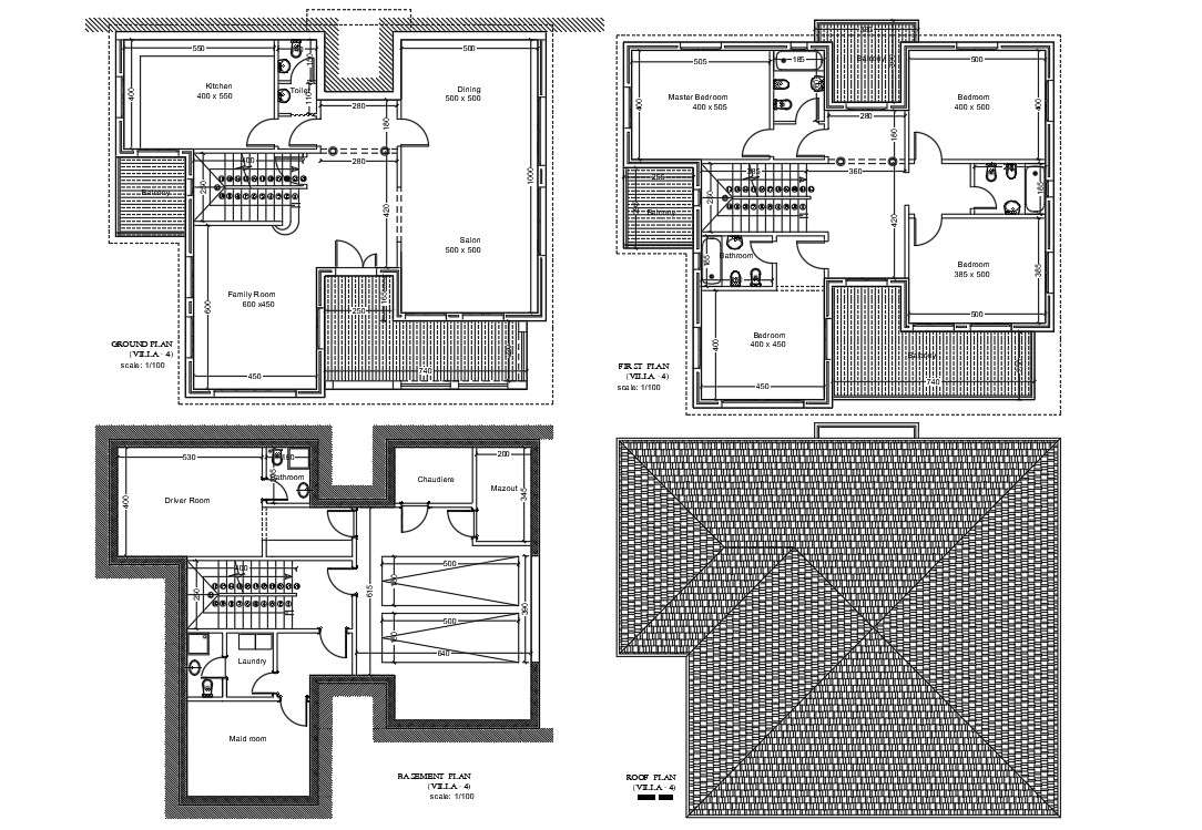 The Autocad Dwg Drawing File Shows Villa Plan Of Basement Plan Ground ...