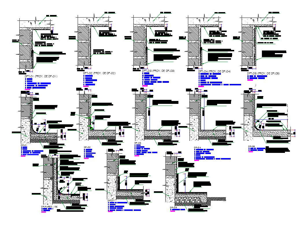 Wall construction details of all floors of building dwg file - Cadbull