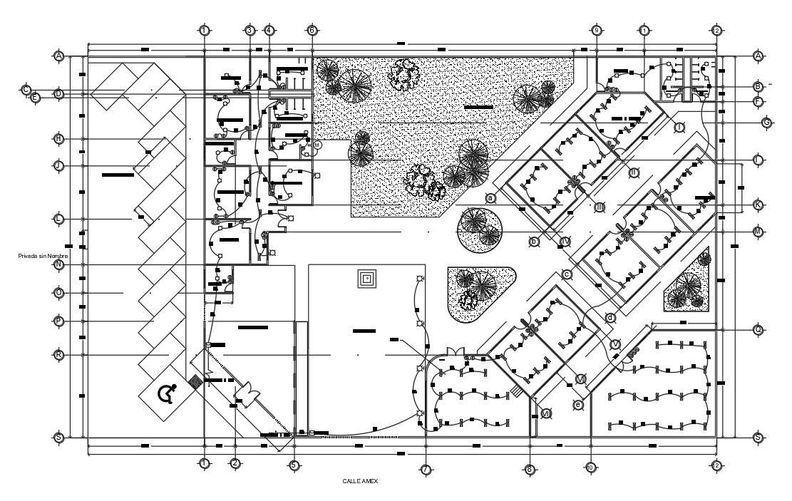 Wall layout of 70x42m college plan is given in this Autocad drawing ...