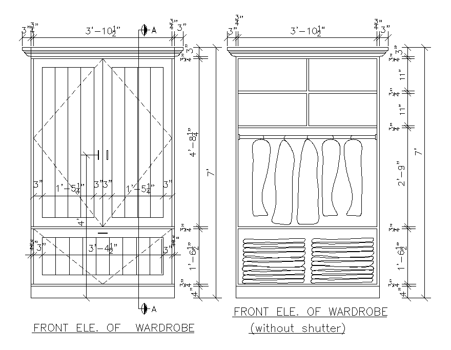 Wardrobe Sectional Elevation Specified In This AutoCAD 2D DWG Drawing ...