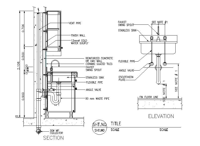 Wash Basin Section And Elevation Design AutoCAD File - Cadbull