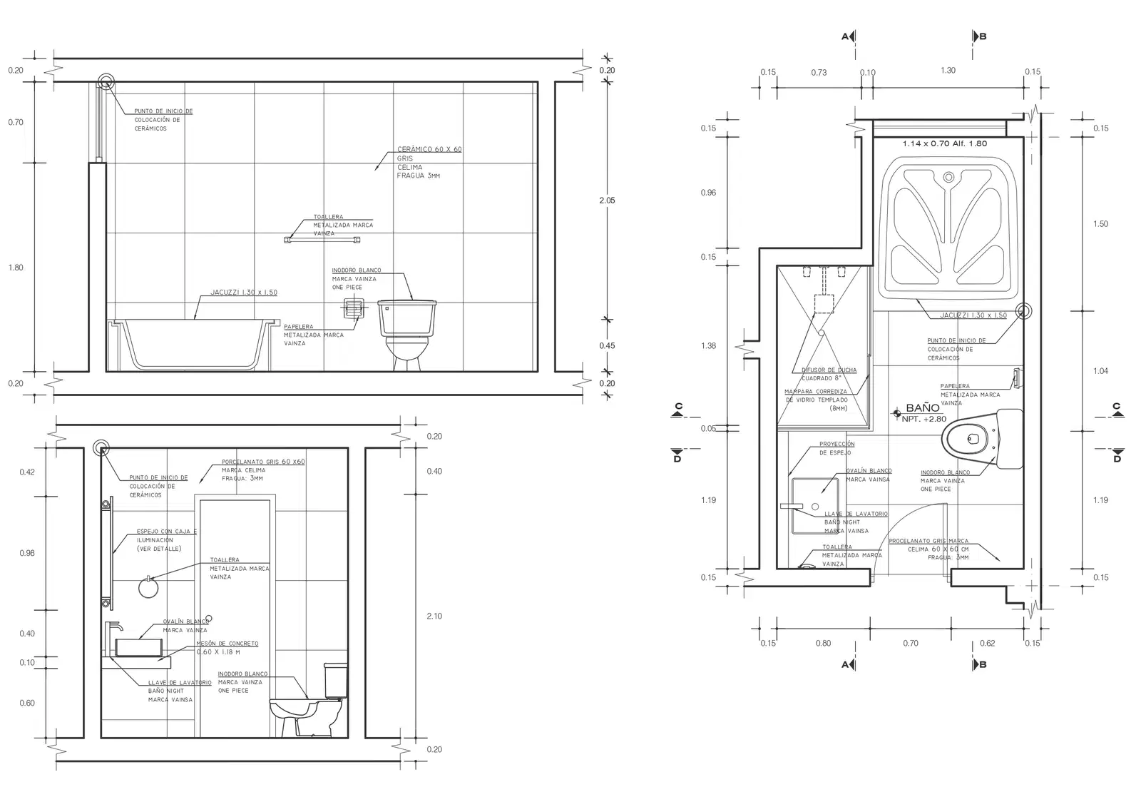 Washroom elevation with fixtures details, labeling and tile layout ...