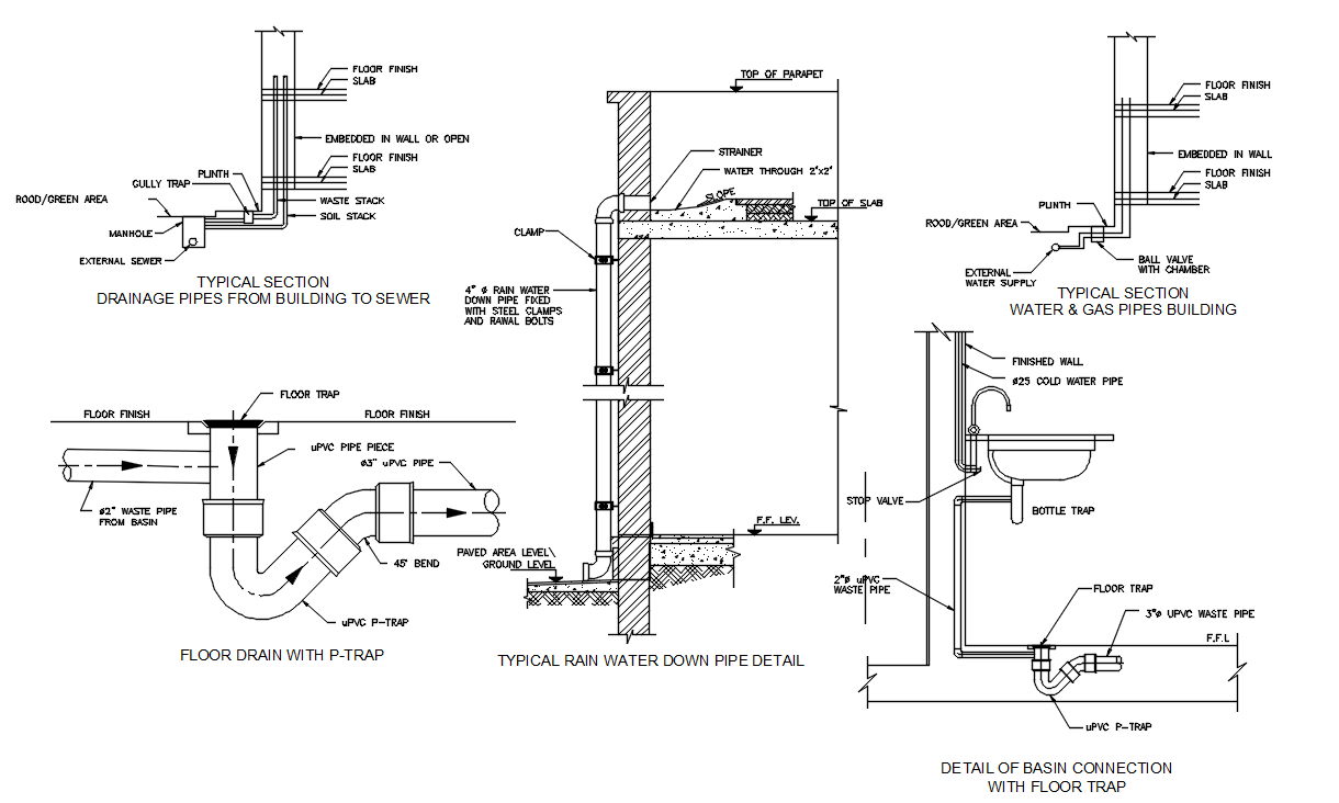 Water And Drainage Plumbing Pile Line Section CAD Drawing DWG File