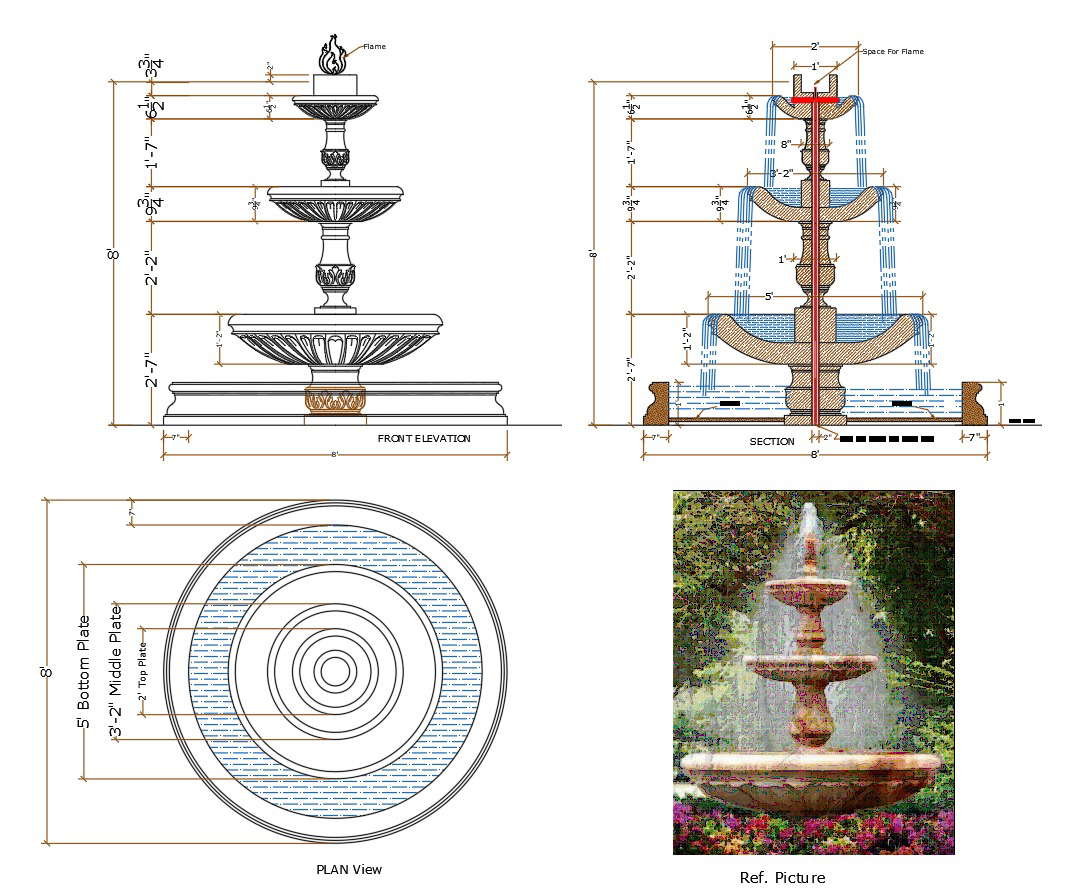 Water Fountain Elevation 2d Design Cadbull