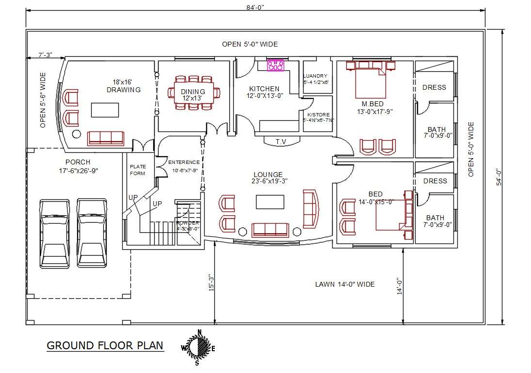 West Facing 54' X 84" House Ground Floor Plan AutoCAD File