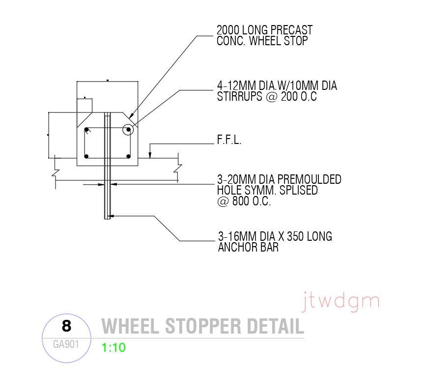 Wheel stopper detail in AutoCAD 2D drawing, dwg file, CAD file Cadbull