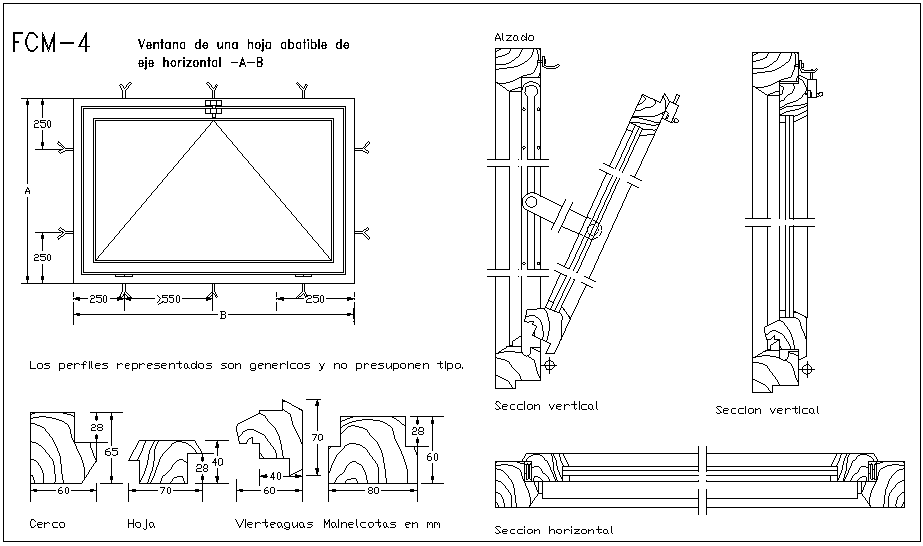 Window of a folding leaf with sectional view & different pattern view ...