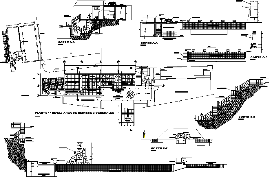 Working plan and stair section detail dwg file - Cadbull