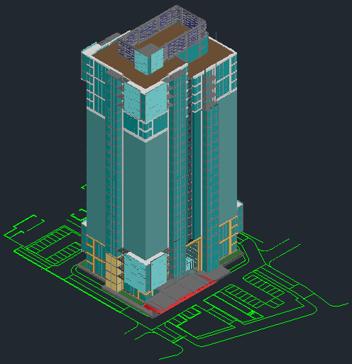 3D drawing of comercial tower building - Cadbull