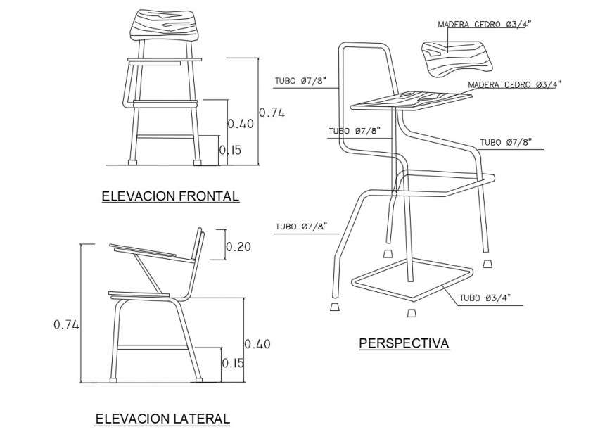 Aluminium Student Chair Elevation And Perspective View Cad Drawing