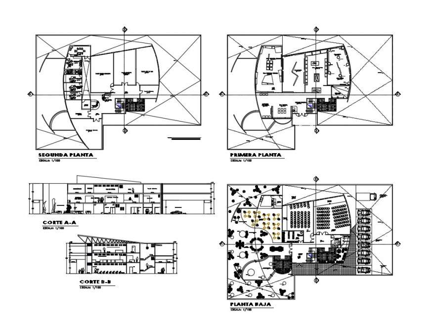 Art museum front and back section and floor plan cad