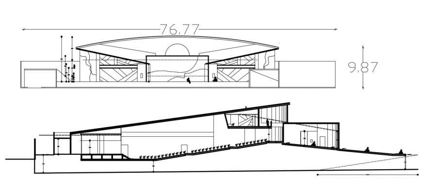 Design for a hall or auditorium sketch plan elevation and section  RIBA  pix