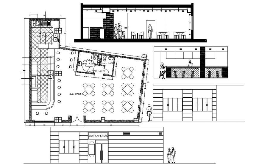 Bar cafeteria and snack store elevation, section and plan drawing ...