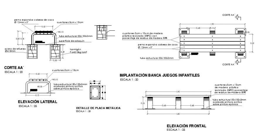 Bench Of Wood And Plastic Elevation Section And Plan Details Dwg File