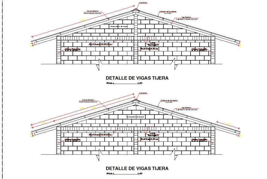 Brick masonry wall with roof structure 2d view CAD ...