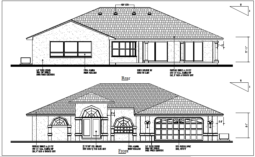 bungalow elevation view detail dwg file - Cadbull