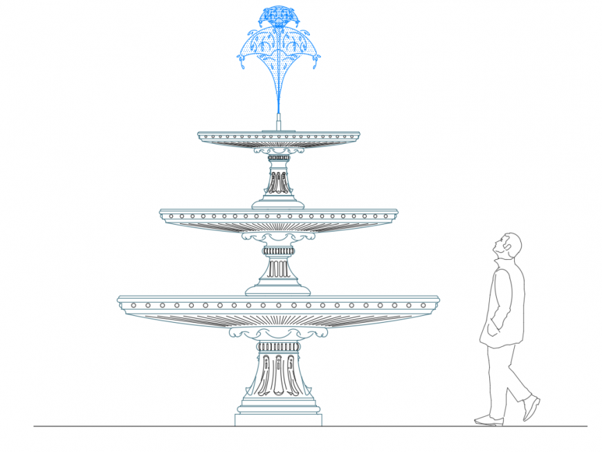 Classical Three Layer Water Fountain Front Elevation Cad Drawing