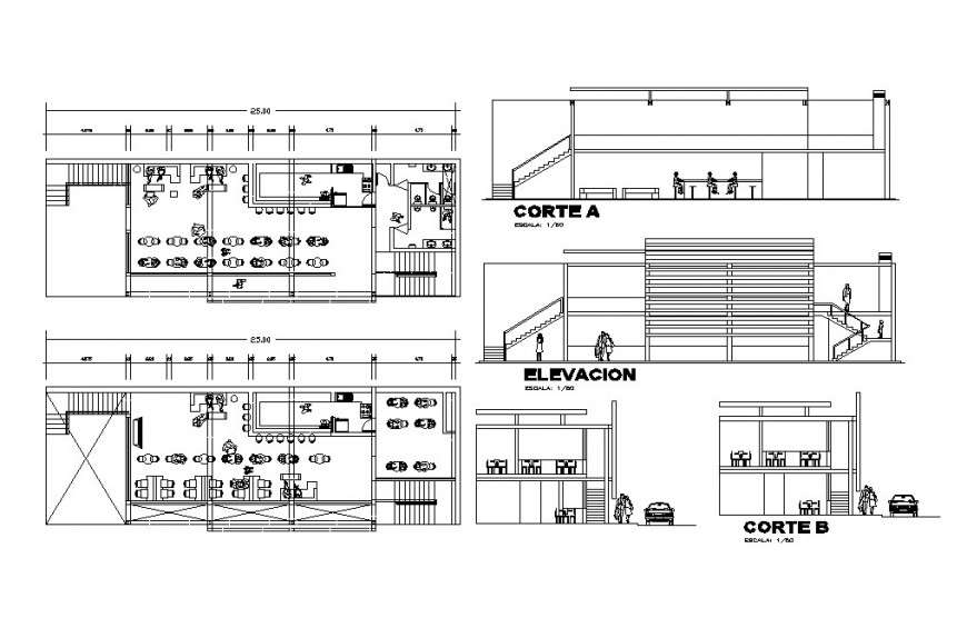 Coffee bar restaurant elevation, section and floor plan