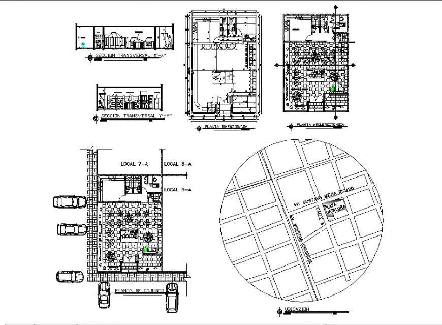 Commercial building section, floor plan, location map and