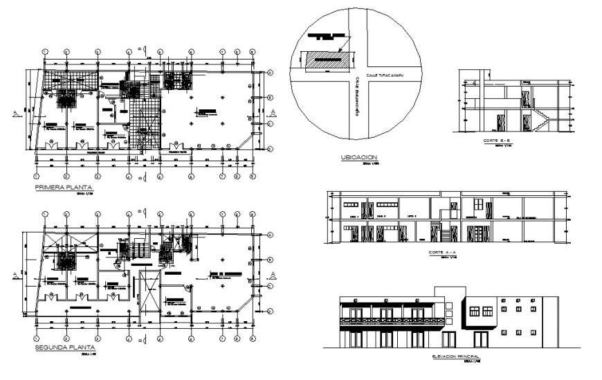Commercial building twostory elevation, section and floor