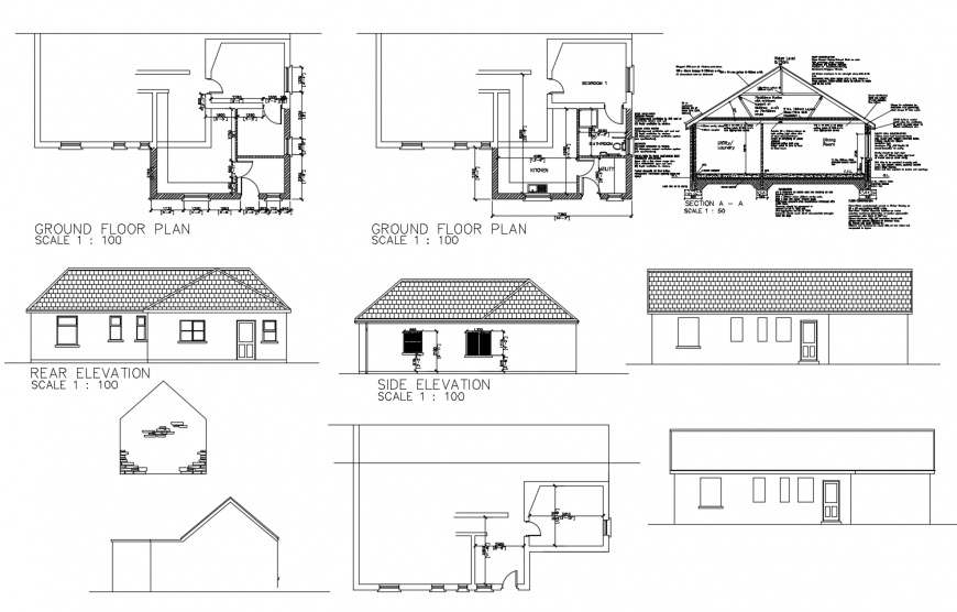 Common house elevation, section, floor framing plan and