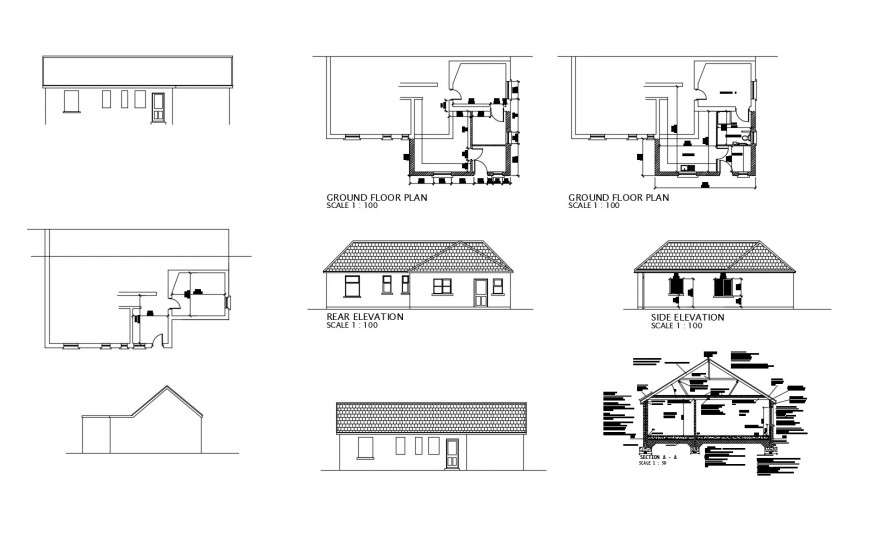 Common house elevation, section and floor plan cad drawing details dwg
