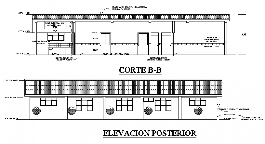 Community building detail elevation and section layout file - Cadbull