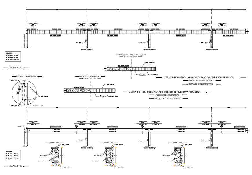 Continuous Beam Design With Elevation And Construction Detail View Dwg
