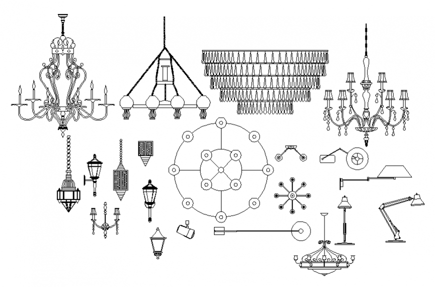 Creative decorative lamps and chandeliers blocks cad