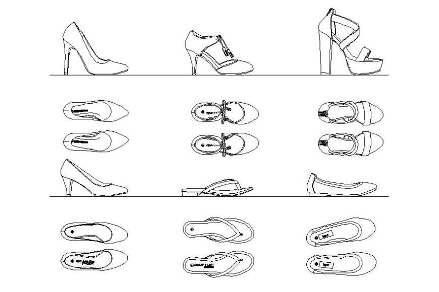 Womens Shoes CAD blocks sandals flip flops DWG file download