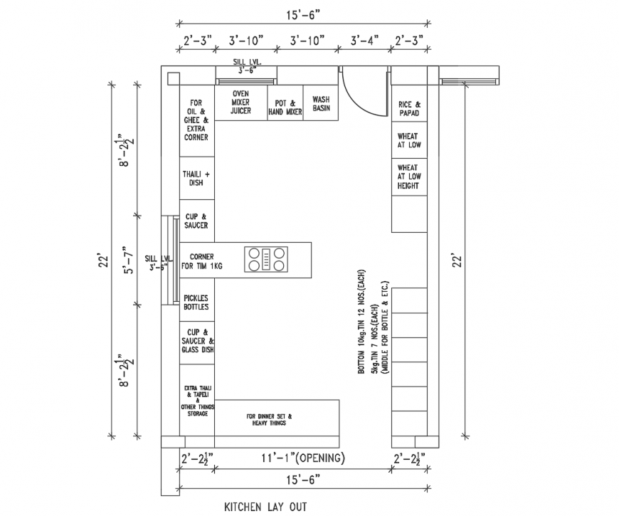 Drawing of kitchen layout 2d design AutoCAD file Cadbull
